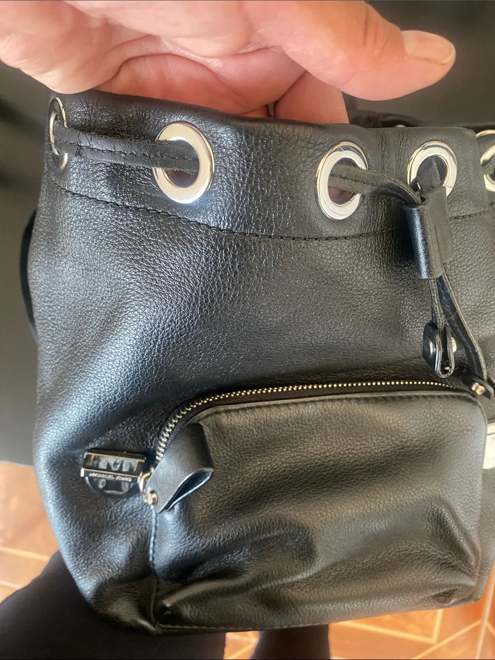 Michael Kors Black Leather Mini Backpack with Gold MK Logo